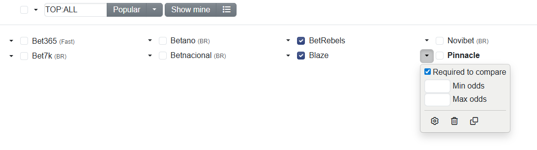 Required bookmakers for comparison