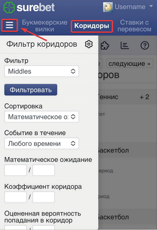 Middles filter in mobile version